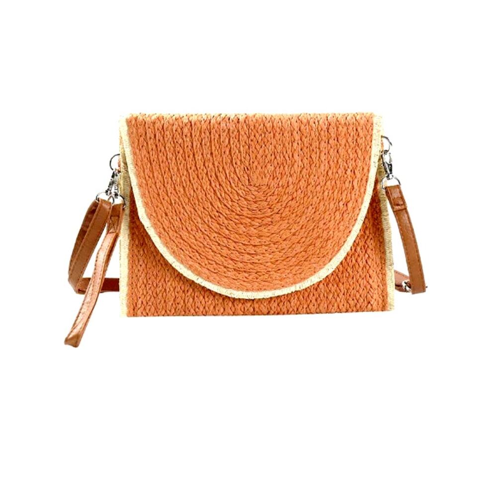 NWT Styline Frayed Trim Coral Straw Crossbody Bag/Clutch